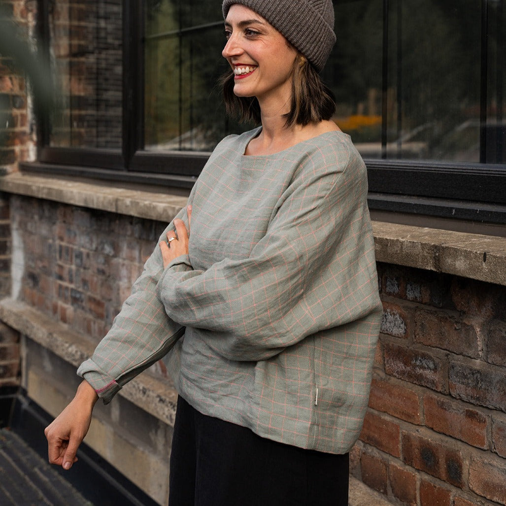 Olivia Long Sleeve checked Linen Top - ready to ship