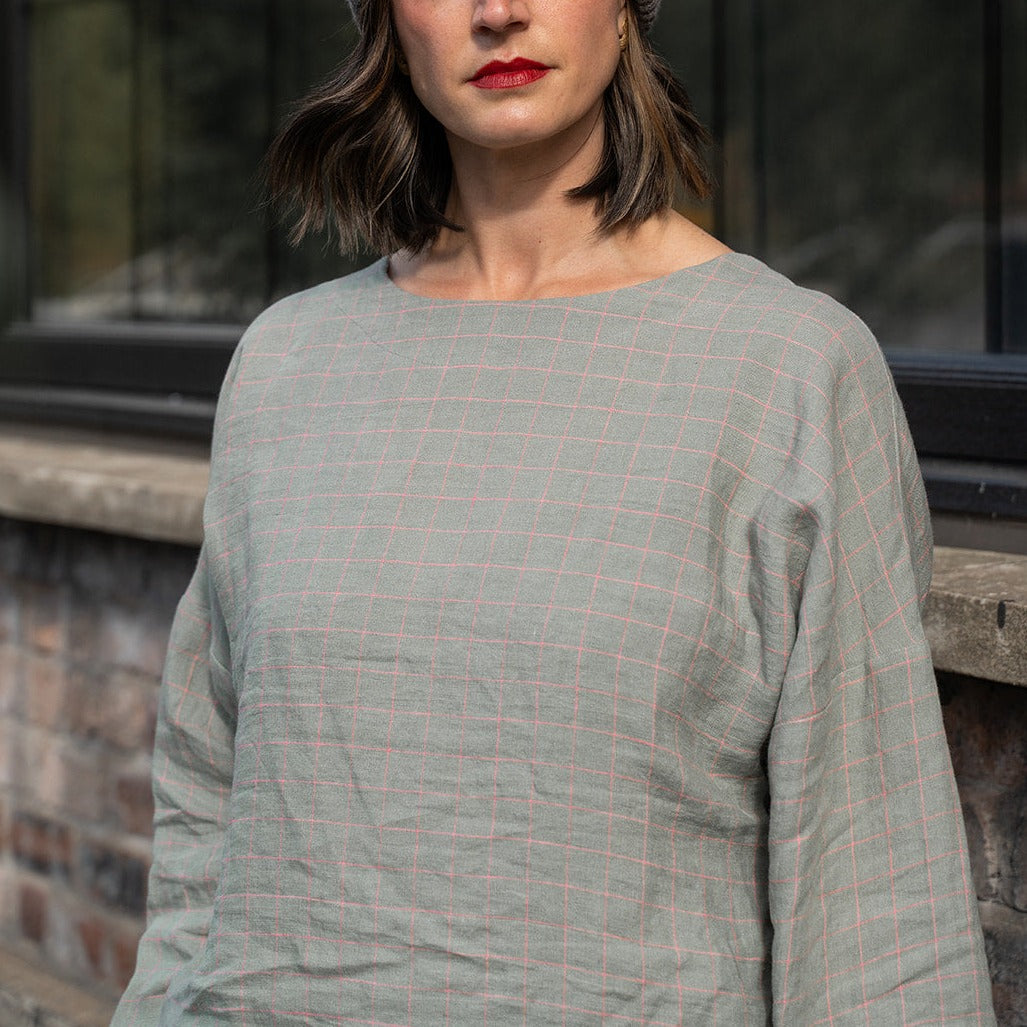 Olivia Long Sleeve checked Linen Top - ready to ship