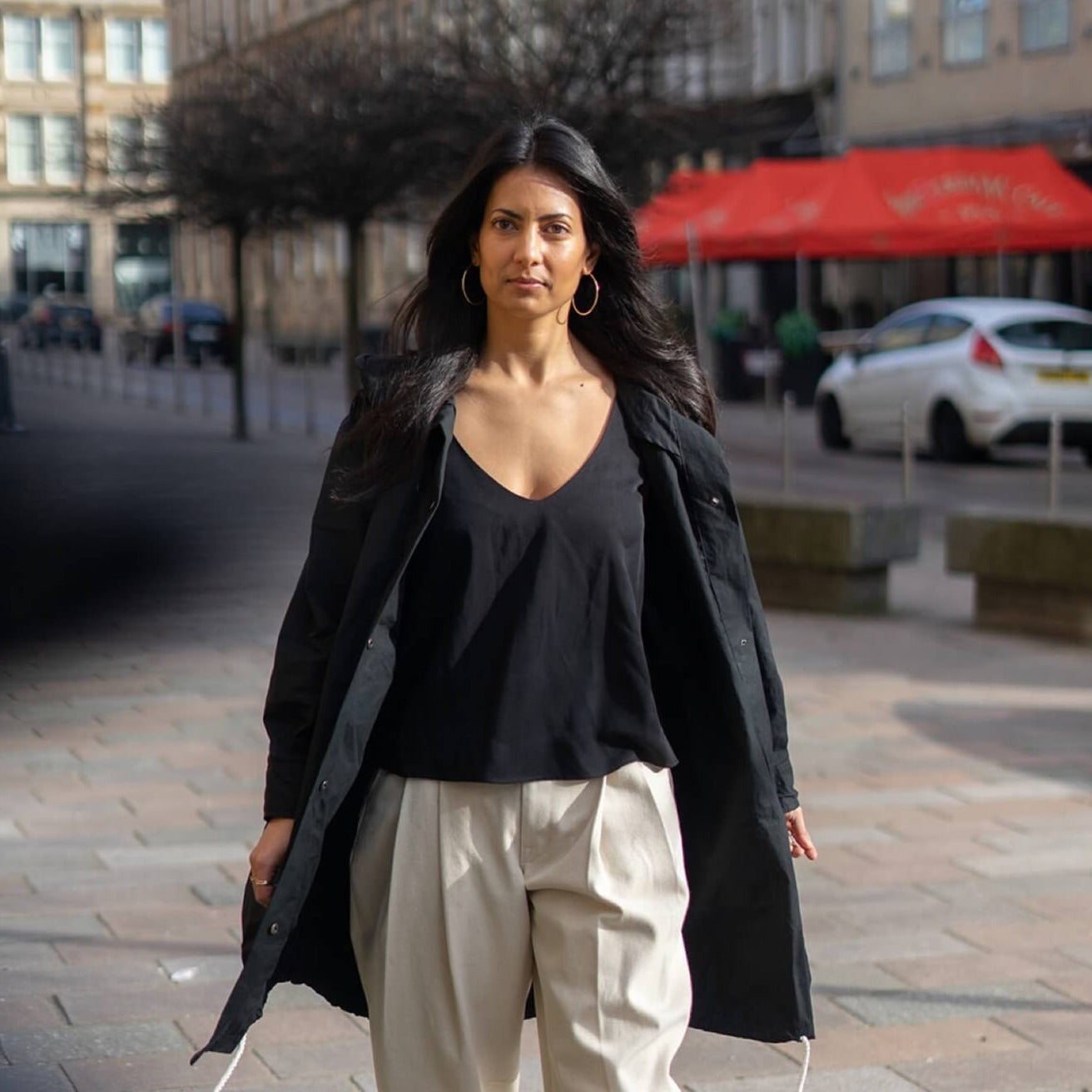 melissa tencel top with cream law trousers