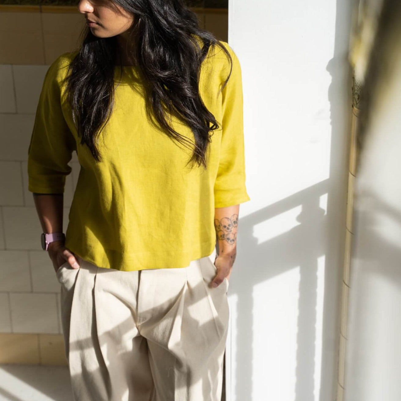citrus yellow linen top