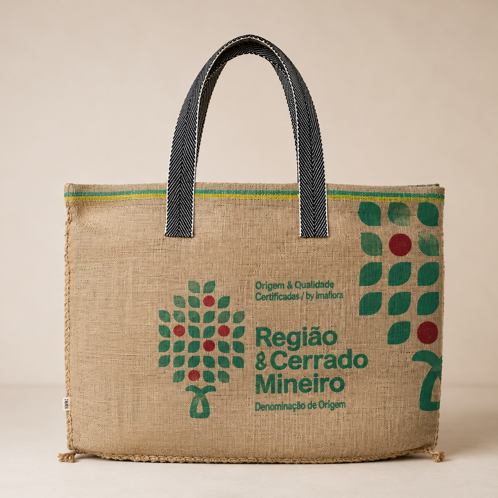 Jute bag with green and red design and text on a beige background