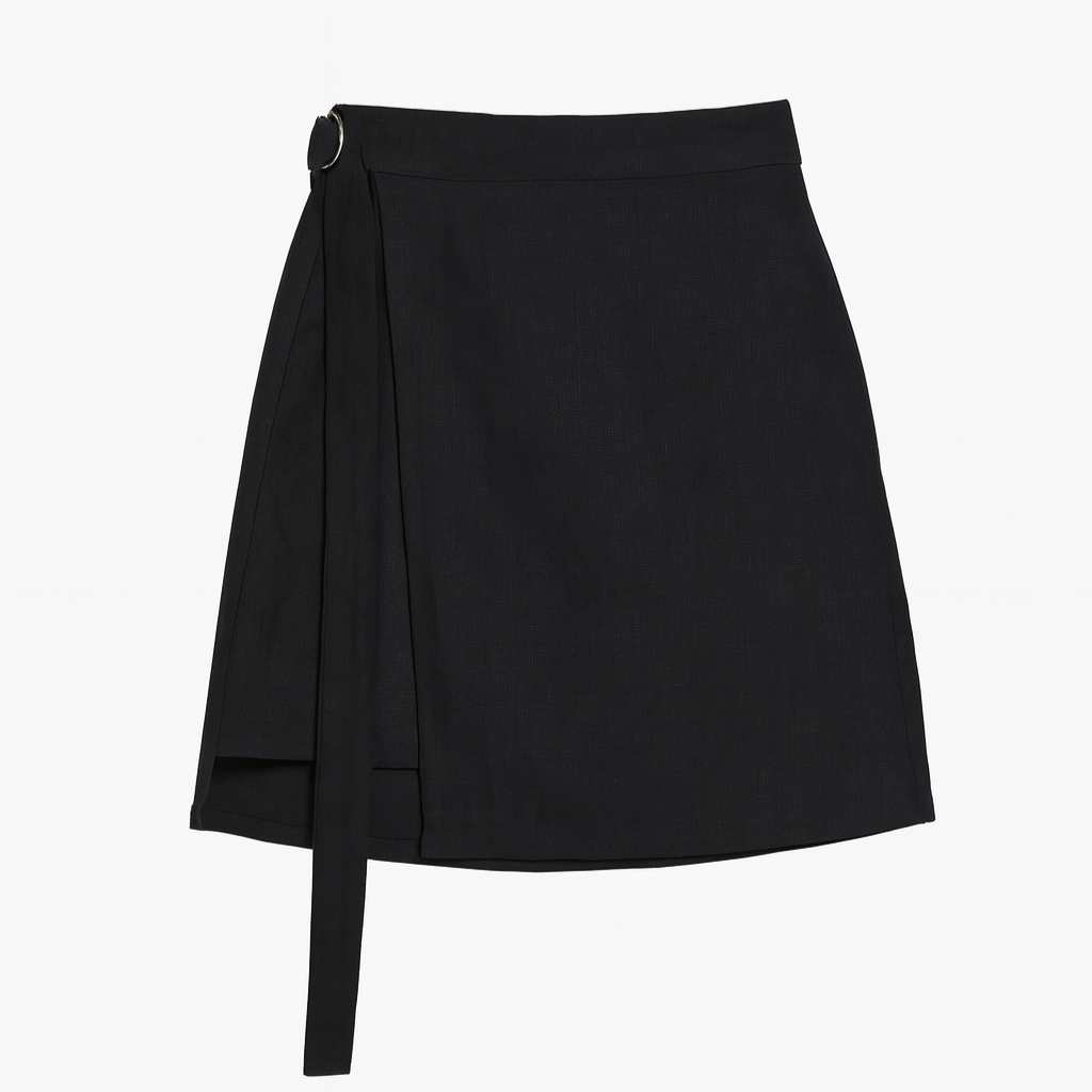 "Black linen wrap skirt with tie detail and high waistband – sustainable slow fashion by LAW Design Studio."