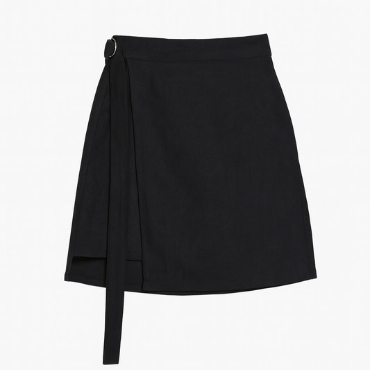 "Black linen wrap skirt with tie detail and high waistband – sustainable slow fashion by LAW Design Studio."