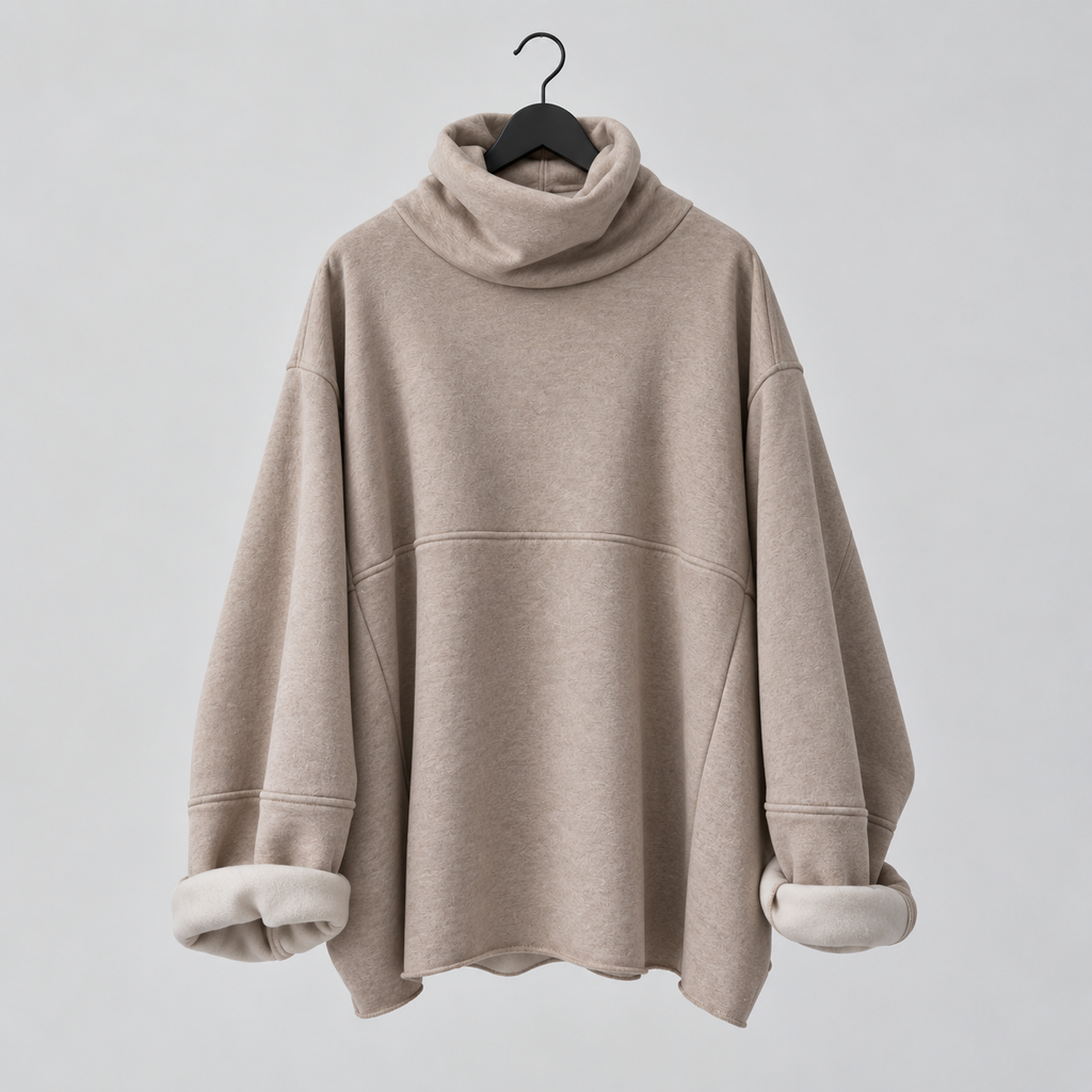 A taupe-beige oversized turtleneck sweatshirt with a soft cream-colored fleece lining visible at the cuffs, hanging on a black hanger against a light gray background.