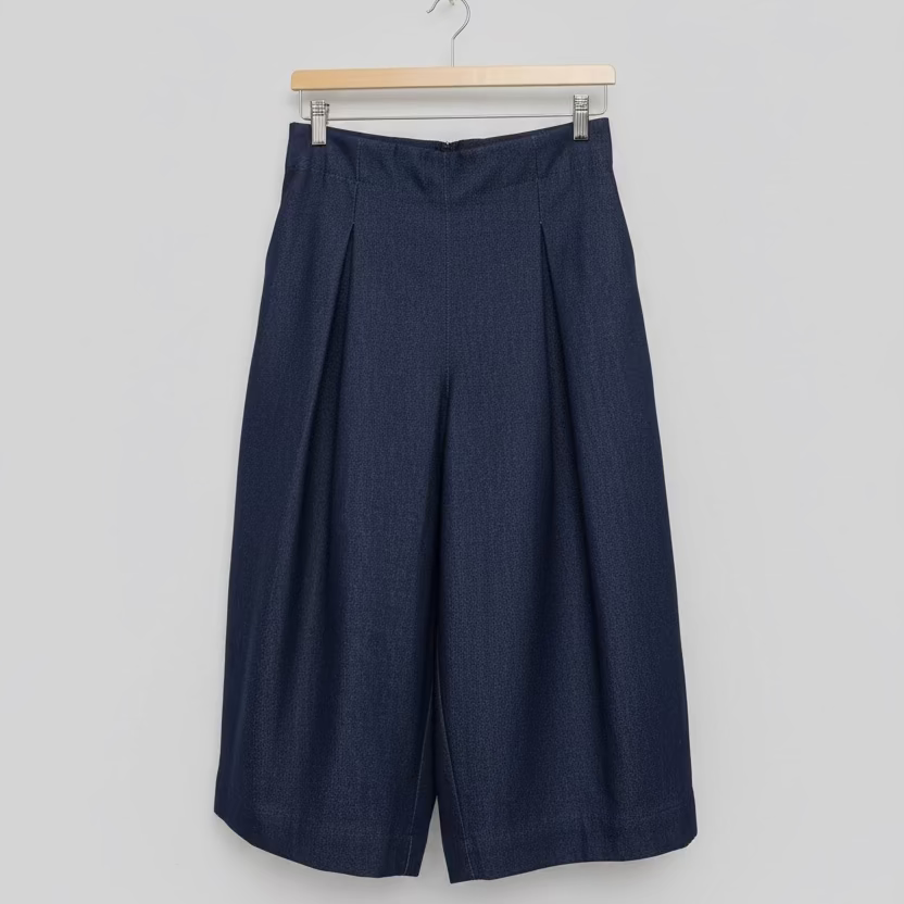 Blue pleated skirt hanging on a wooden hanger against a white wall.