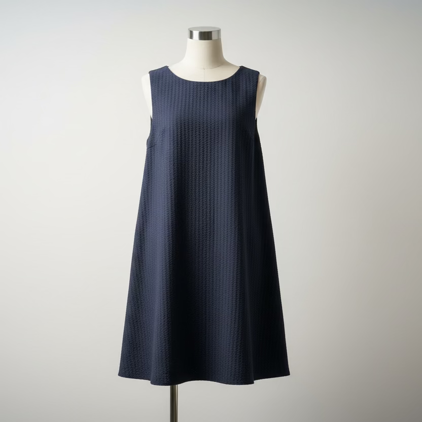 Navy blue sleeveless top on a hanger against a white wall