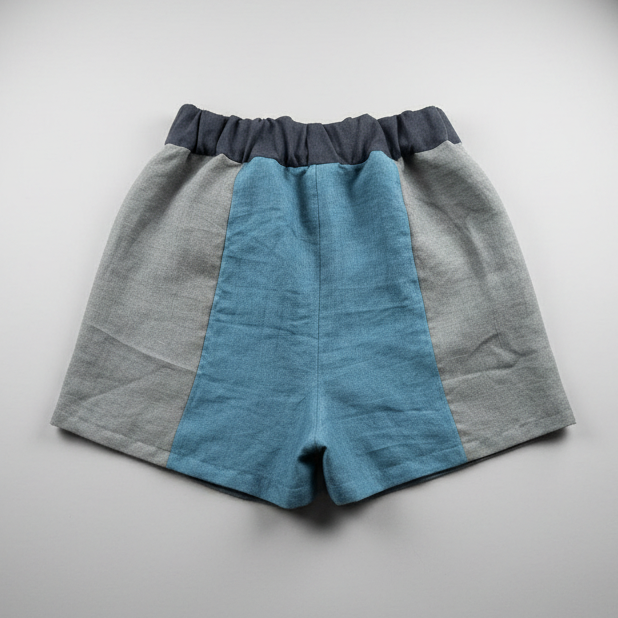 Stack of folded denim fabric in blue and gray on a white background