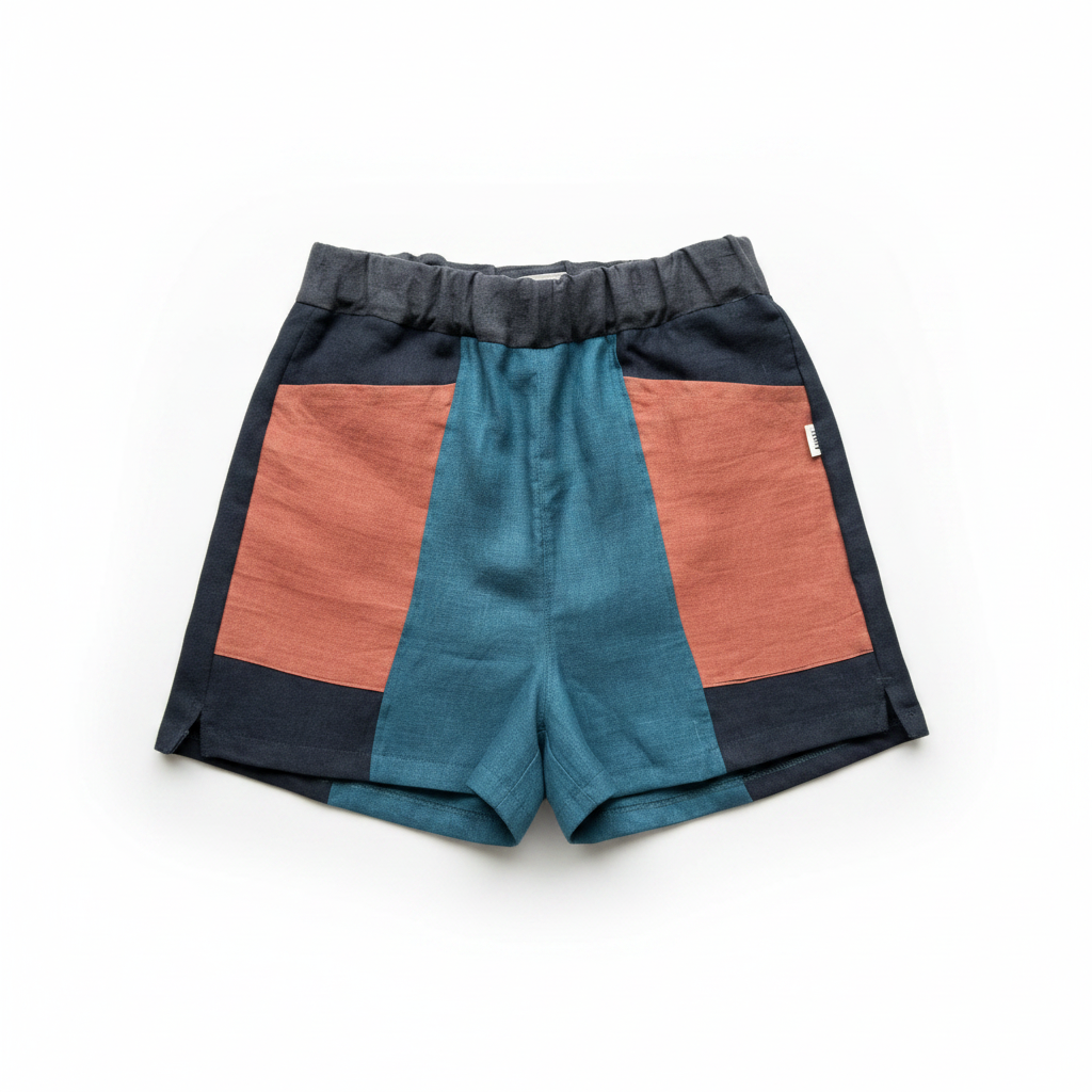 Color-blocked shorts with teal, orange, and black sections on a white background