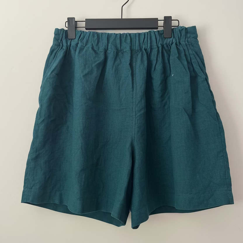 Teal shorts on a hanger against a plain background