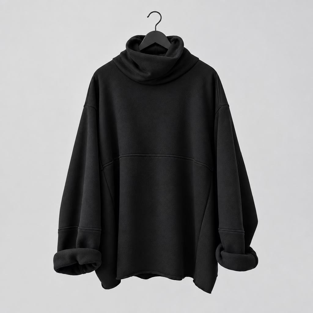 A dark charcoal gray oversized pullover hoodie with a high folded cowl neck and long sleeves, hanging on a black hanger against a white paneled wall.