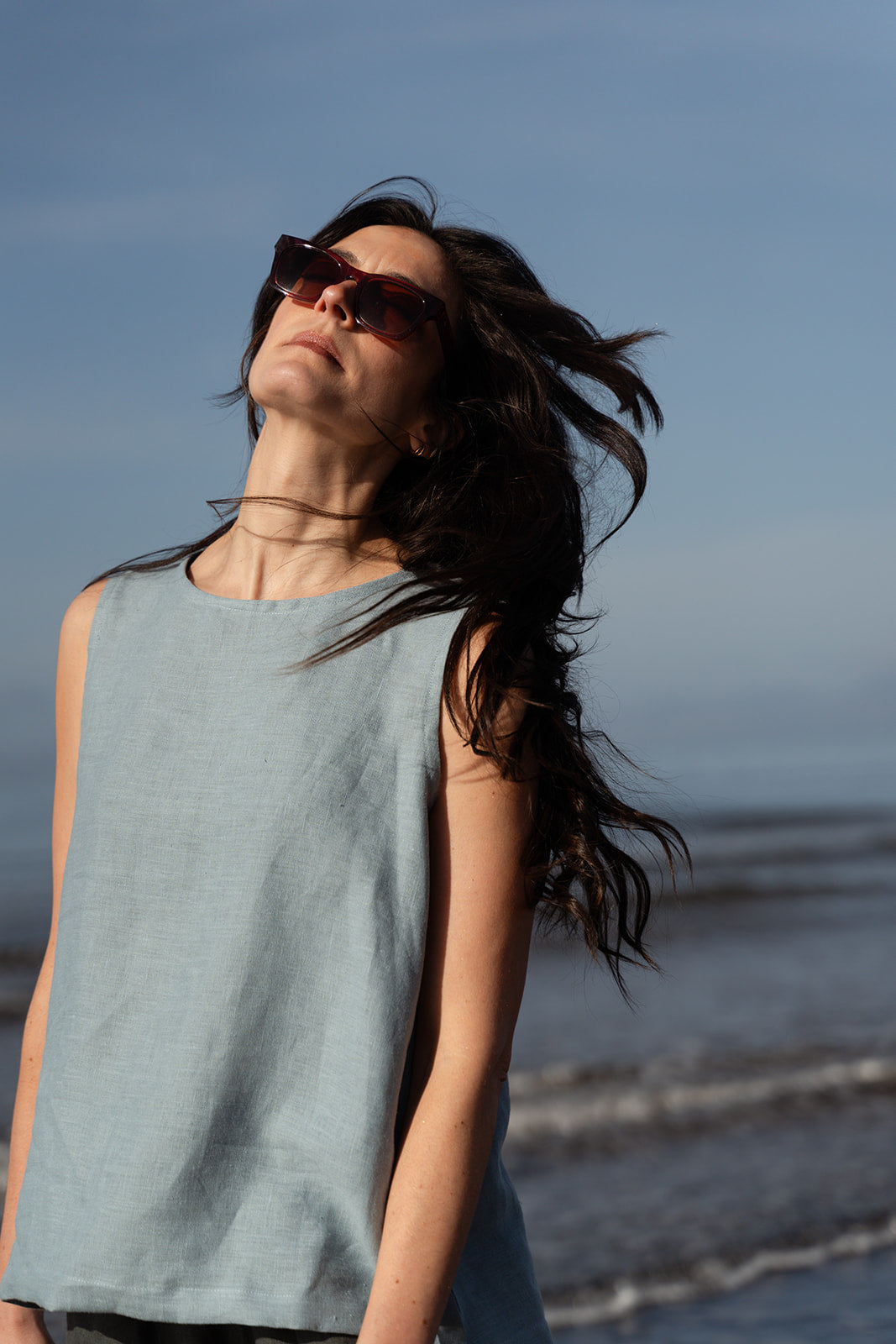 'Alison' Sleeveless linen top - Light Blue