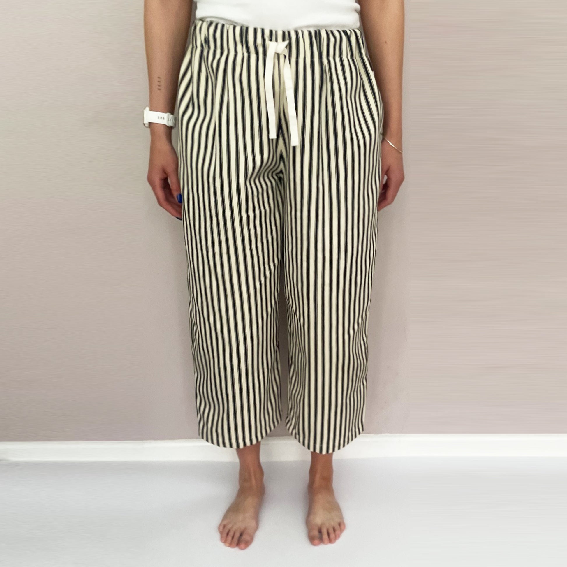 cotton stripe wide leg trousers