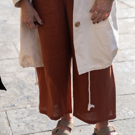 wide fit rust linen trousers
