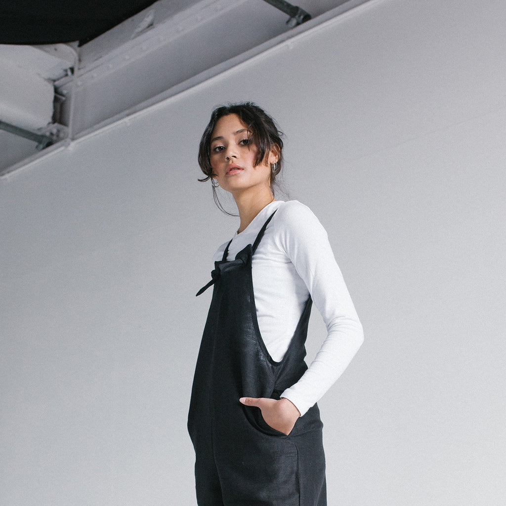 black linen dungarees