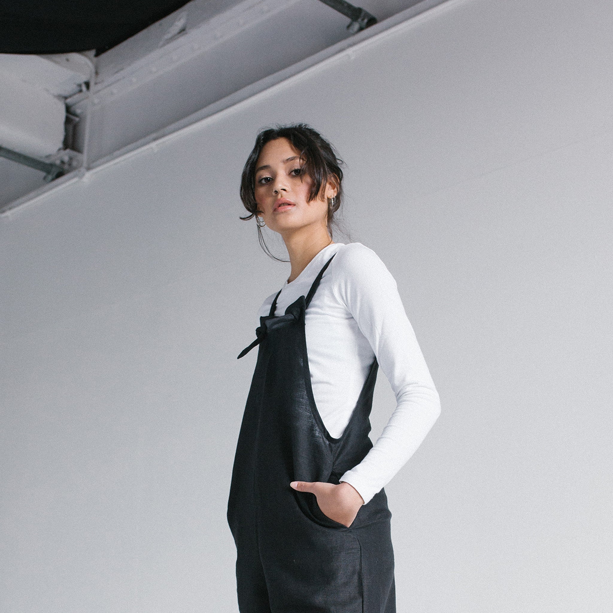 black linen dungarees